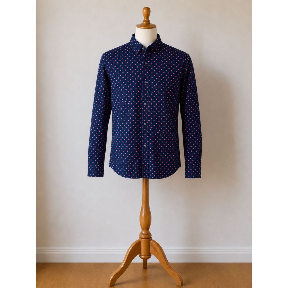 H&M Slim Fit Navy Red Polka Dot Button Up Shirt Mens Medium Long Sleeve